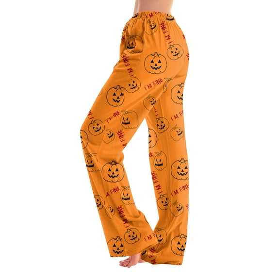 Womens Halloween Sleep Pants Relaxed Straight Leg Pajama Bottoms Full Length Casual Lounge Wear Elastic Waist No Drawstring Comfy Pjs for Home Earthy Yellow M