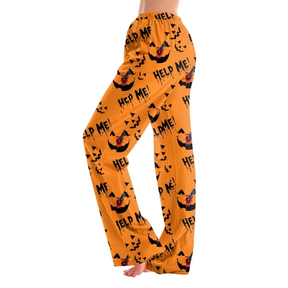 Womens Halloween Sleep Pants Relaxed Straight Leg Pajama Bottoms Full Length Casual Lounge Wear Elastic Waist No Drawstring Comfy Pjs for Home Saffron M