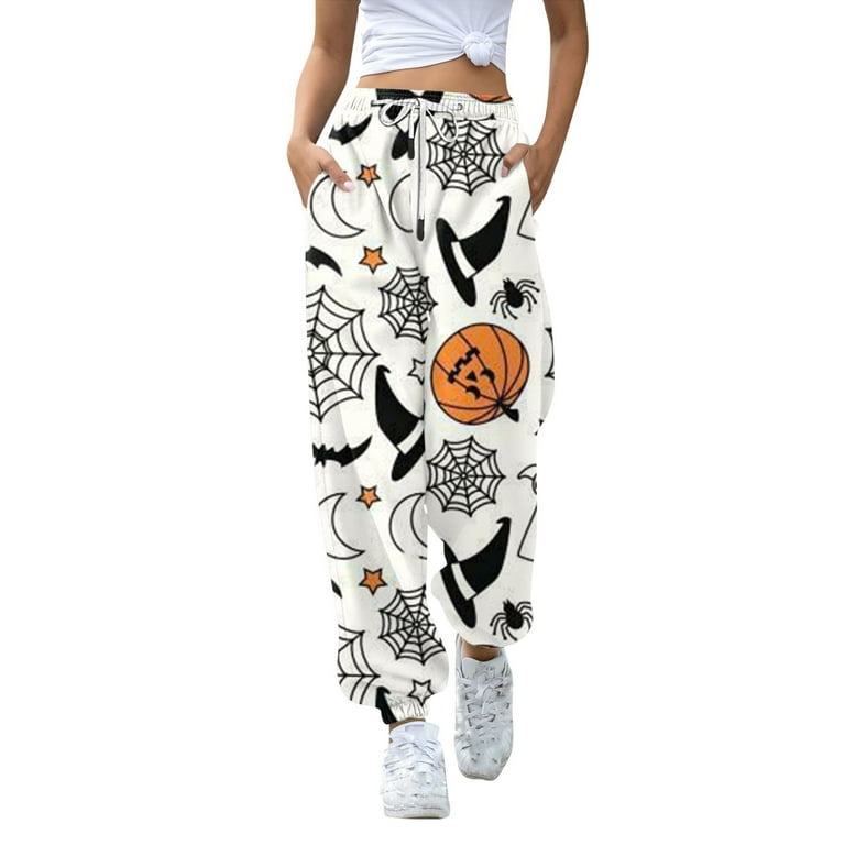 Womens Halloween Sweatpants Pumpkin Bats Print Lounge Pants Drawstring High Waisted Active Joggers Pants Wide Leg Workout Trousers with Pockets multicolor Small Walmart