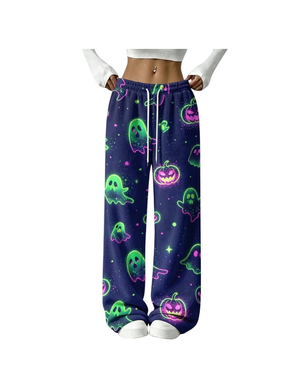 Womens Halloween Sweatpants Wide Leg Pants Spooky Pumpkin Print Baggy Fit Flannel Fall 2026 Casual Joggers Lounge Pajama Holiday Costumes with Pockets,XL,Navy