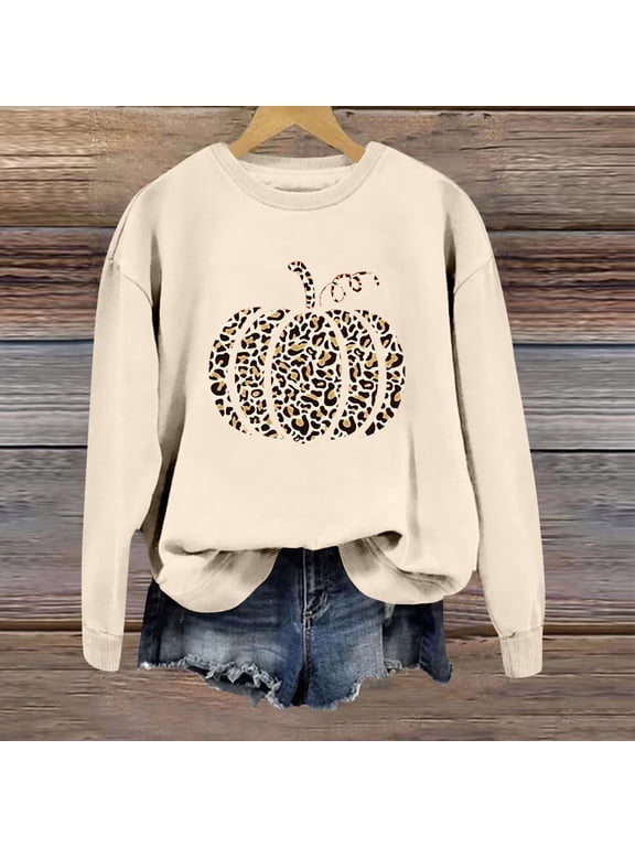 Womens Halloween Sweatshirt Leopard Print Pumpkin Crew Neck Pullover Long Sleeve Cheetah Print Ribbed Autumn Tops Beige S