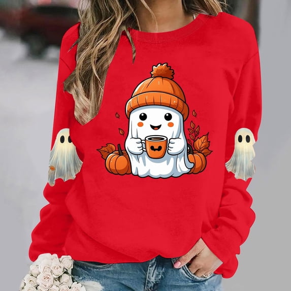Womens Halloween Sweatshirts Casual Long Sleeve Cute Halloween Ghost Printed Winter Sweaters Loose Crewneck Pullover Blouses Ladies Halloween Costumes