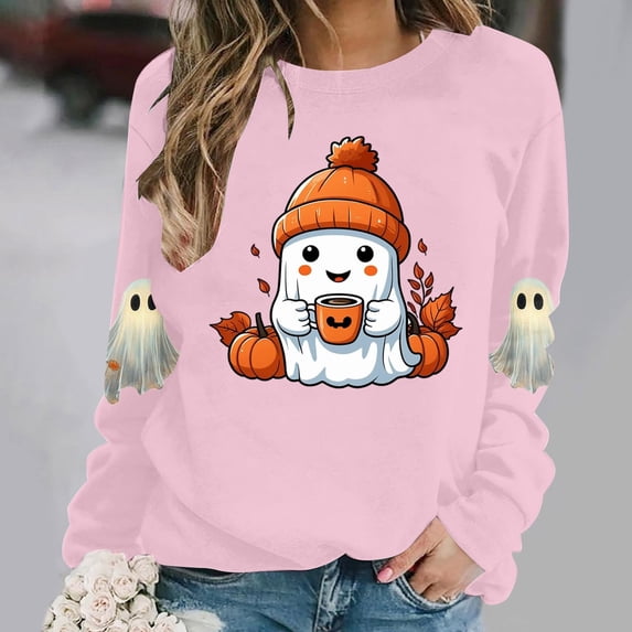 Womens Halloween Sweatshirts Casual Long Sleeve Cute Halloween Ghost Printed Winter Sweaters Loose Crewneck Pullover Blouses Ladies Halloween Costumes