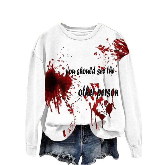 Womens Halloween T-Shirts tops Fall 3/4 Sleeve Crew Neck trendy print Sweatshirts Plus Size sports Blouses tops,White 2,XL