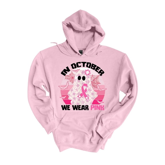 Womens Halloween Themed Breast Cancer Awareness Hoodie In October We Wear Pink Ghost Hooded Sweatshirt-Light Pink-small