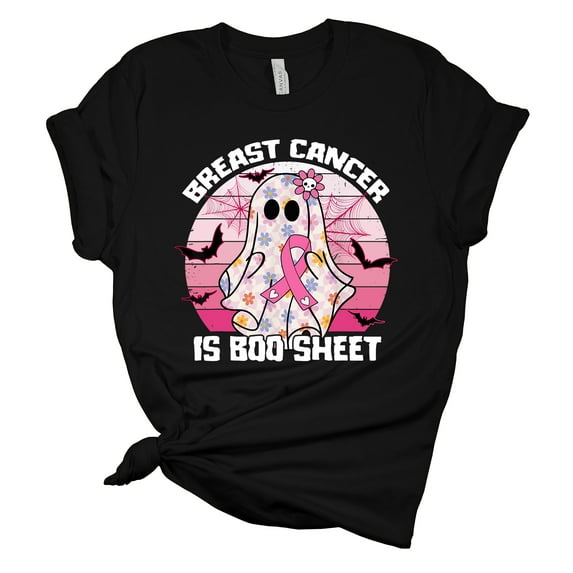 Womens Halloween Themed Breast Cancer Awareness Tee Breast Cancer Is Boo Sheet Ghost Short Sleeve T-shirt-Black-4xl