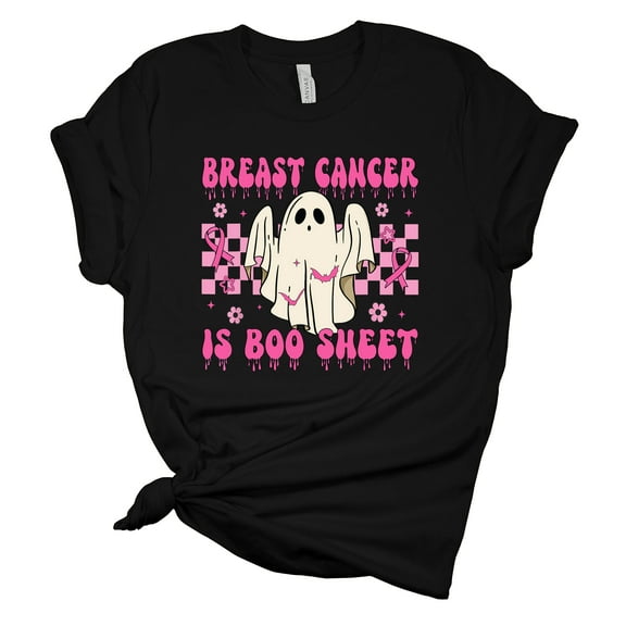 Womens Halloween Themed Breast Cancer Awareness Tee Breast Cancer Is Boo Sheet Retro Ghost Short Sleeve T-shirt-Black-small