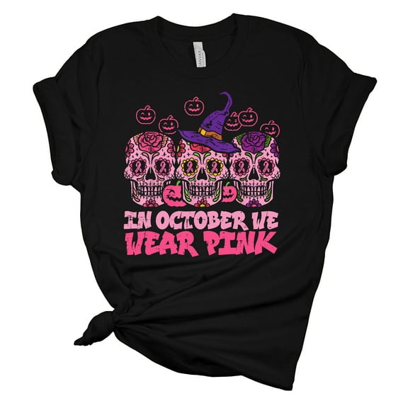 Womens Halloween Themed Breast Cancer Awareness Tee In October We Wear Pink Sugar Skull Short Sleeve T-shirt-Black-4xl