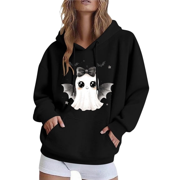 Womens Halloween Top Fall Winter Jacket Loose Casual Hoodies Fleece Sweatshirts Funny Halloween Ghost Graphic Printed Long Sleeve Sweaters Pullover with Pocket