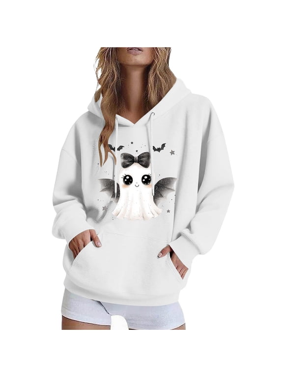 Womens Halloween Top Fall Winter Jacket Loose Casual Hoodies Fleece Sweatshirts Funny Halloween Ghost Graphic Printed Long Sleeve Sweaters Pullover with Pocket