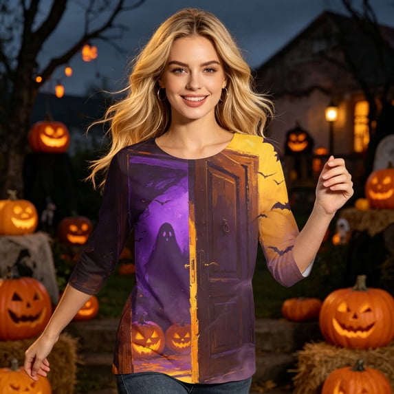 Womens Halloween Tops Bat Castle 3/4 Sleeve Funny T Shirts Pumpkin Spider Crew Neck Spooky Shirts, 3XL
