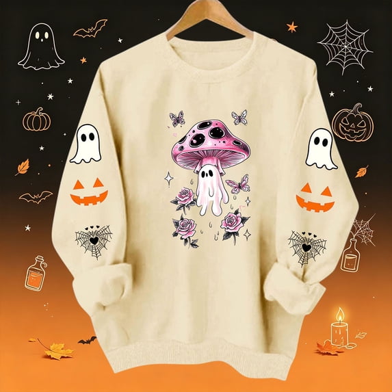 Womens Halloween Tops Crew Neck Funny Ghost Printed Long Sleeve Trendy Spooky Festival Pullover Top Khaki S