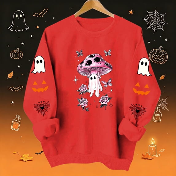 Womens Halloween Tops Crew Neck Funny Ghost Printed Long Sleeve Trendy Spooky Festival Pullover Top Red M