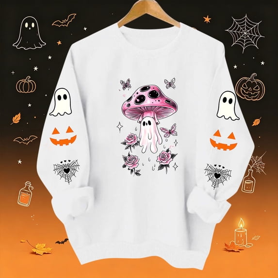 Womens Halloween Tops Crew Neck Funny Ghost Printed Long Sleeve Trendy Spooky Festival Pullover Top White M