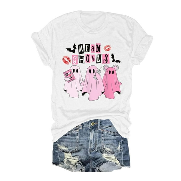 Womens Halloween Tops Crew Neck Ghost Graphic Printed T-Shirts Loose Fit Short Sleeve Blouses Casual Fall Fashion Clothes