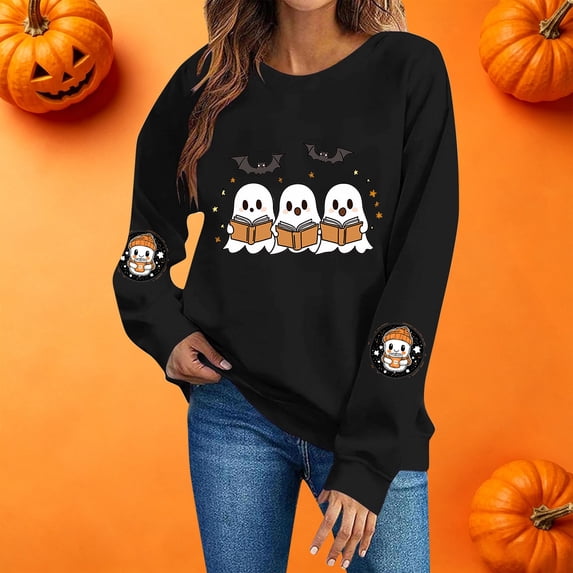Womens Halloween Tops Cute Ghost Printed Long Sleeve Crew Neck Fashion Casual Loose Fall Pullover Top Black XXXL