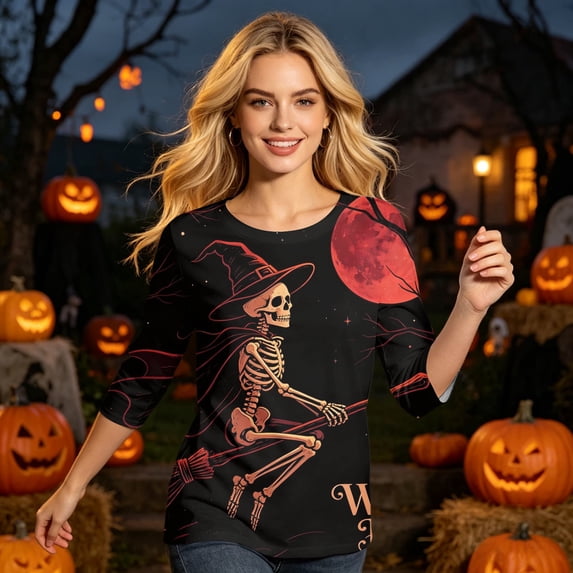Womens Halloween Tops Ghost Bone Crew Neck Spooky Shirts Spider Moon 3/4 Sleeve Funny T Shirts, M