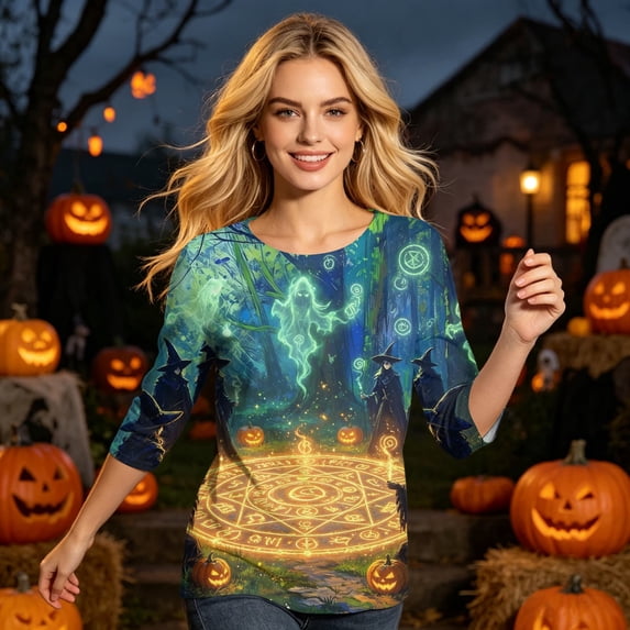 Womens Halloween Tops Moon Spider Web Crew Neck Funny T Shirts Skull Pumpkin 3/4 Sleeve Spooky Blouses, L