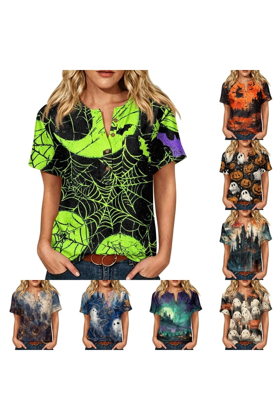 Womens Halloween Tops Short Sleeve Henley Spiderweb Shirts Causal Loose Pull On T Shirts, 2XL