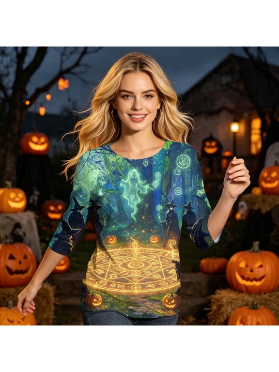 Womens Halloween Tops Spider Castle 3/4 Sleeve Spooky T Shirts Skeleton Candy Crew Neck Funny Shirts, 2XL
