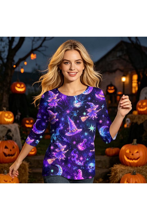 Womens Halloween Tops Spider Web Spider 3/4 Sleeve Funny T Shirts Skull Bat Crew Neck Horror Blouses, 2XL