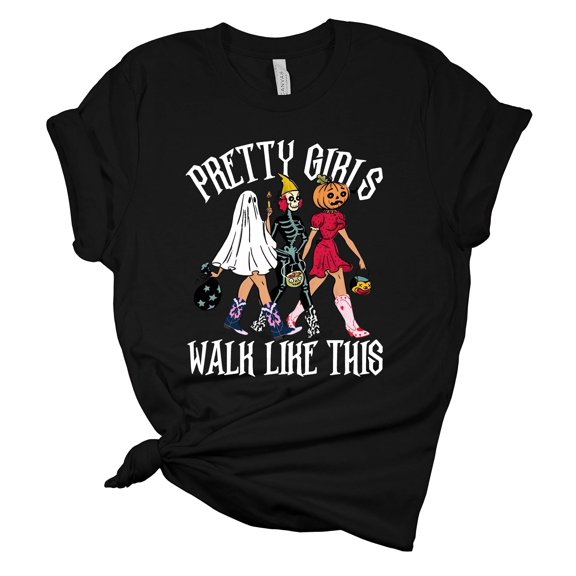 Womens Halloween Tshirt Pretty Girls Walk Like This Pumpkin Ghost Skeleton Short Sleeve Halloween T-shirt-Black-small