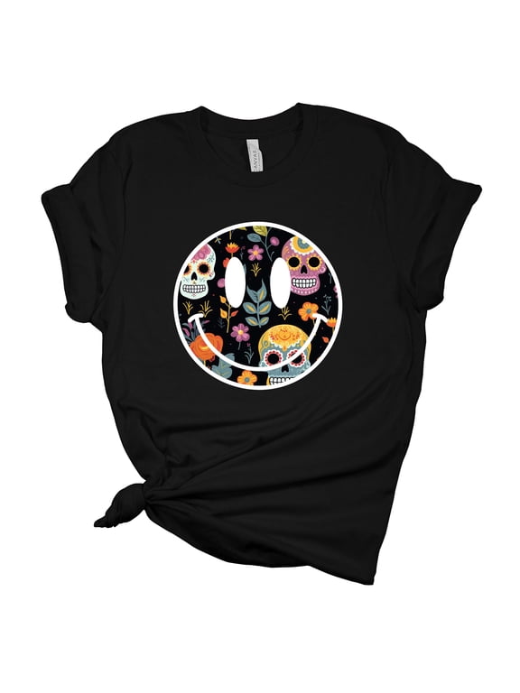 Womens Halloween Tshirt Sugar Skull Skeleton Happy Face Smile Short Sleeve Halloween T-shirt-Black-medium