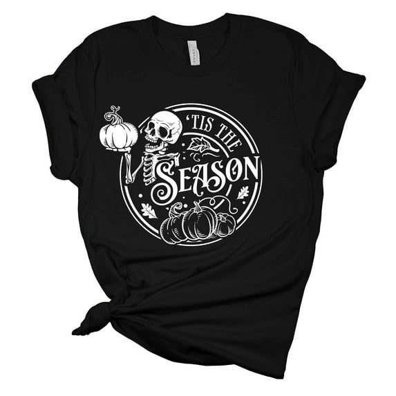 Womens Halloween Tshirt 'Tis The Season Skeleton Spooky Season Short Sleeve Halloween T-shirt-Black-large