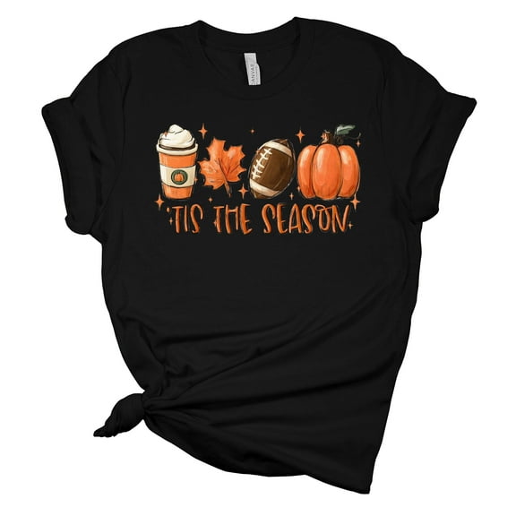 Womens Halloween Tshirt Tis the Season Fall Coffee Pumpkin Short Sleeve Halloween T-shirt-Black-small