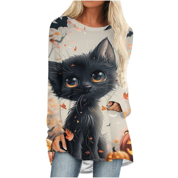 Womens Halloween Tunic Tops Ghost Graphic Shirts Flowy Long Sleeve Blouse Plus Size Swing Tunics for Leggings