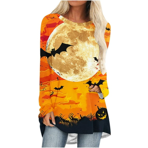 Womens Halloween Tunic Tops Ghost Graphic Shirts Flowy Long Sleeve Blouse Plus Size Swing Tunics for Leggings