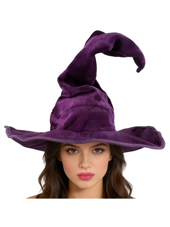 Womens Halloween Witch Hat, Crushed Velvet Ruched Twisted Pointed Cone Costume Hat with Wide Brim, Wizard Headwear for Party Dress Up Cosplay Stage Event Purple