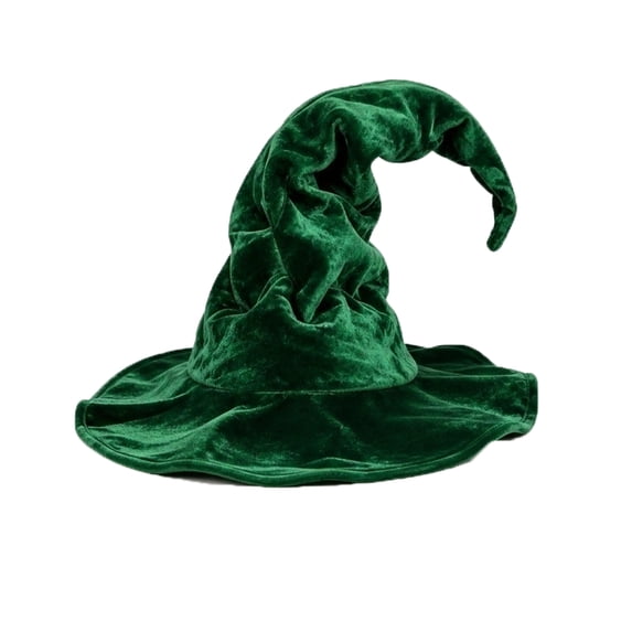 Womens Halloween Witch Hat Crushed Velvet Ruched Twisted, Pointed Cone Wide Brim Costume Hat, Soft Structured Wizard Headwear for Party Cosplay Stage Event Green