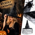 thumbnail image 1 of Womens Halloween Witch Hat Spiderweb Graphic Pointed Cone Cap Lace Veil Wide Brim Gothic Wizard Headwear Cosplay Dress Up Theme Party Accessories, 1 of 6