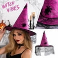 thumbnail image 1 of Womens Halloween Witch Hat Spiderweb Graphic Pointed Cone Cap Lace Veil Wide Brim Gothic Wizard Headwear Cosplay Dress Up Theme Party Accessories, 1 of 5