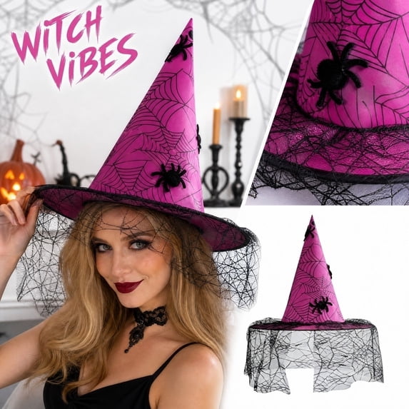 Womens Halloween Witch Hat Spiderweb Graphic Pointed Cone Cap Lace Veil Wide Brim Gothic Wizard Headwear Cosplay Dress Up Theme Party Accessories