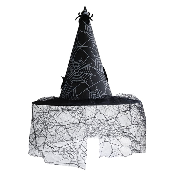 Womens Halloween Witch Hat with Mesh Veil, Pointed Cone Costume Hat for Party Dress Up Cosplay Haunted House, Wizard Headwear Black