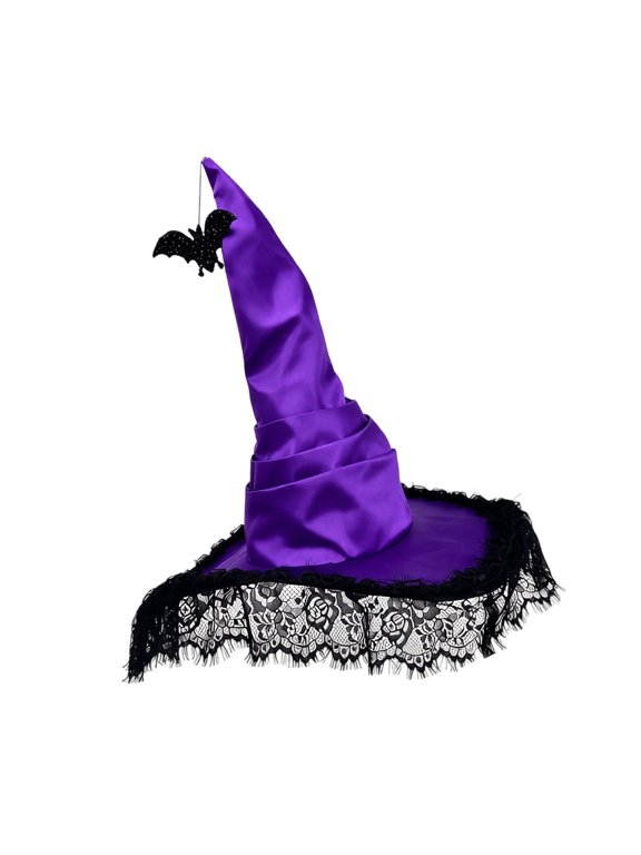 Womens Halloween Witch Hat with Purple Pleated Lace Trim, Pointed Cone Costume Hat with Wide Brim, Wizard Headwear for Party Dress Up Cosplay Purple