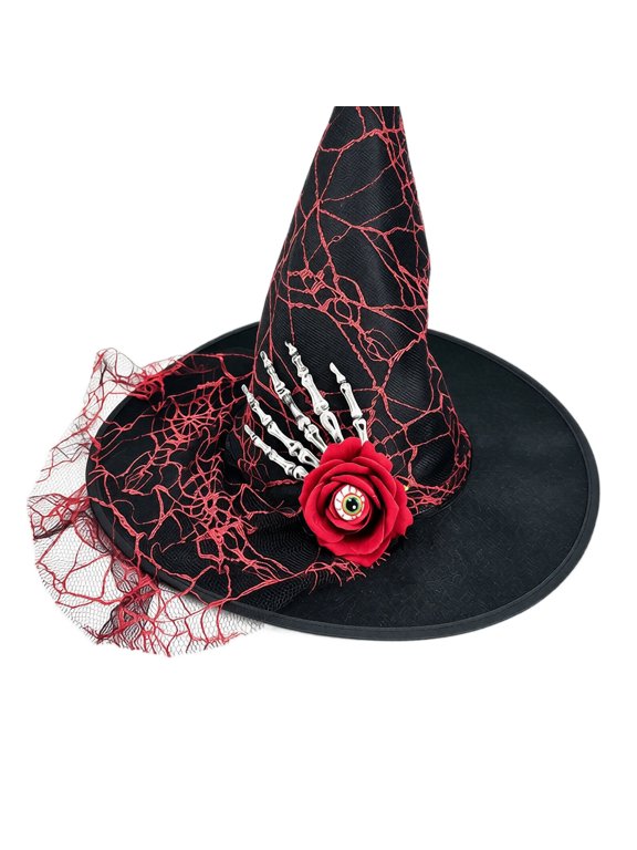 Womens Halloween Witch Hat with Red Mesh Veil, Pointed Cone Costume Hat with Wide Brim, Wizard Headwear for Party Cosplay Dress Up Black