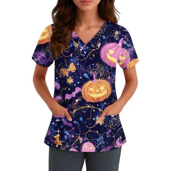 Womens Halloween Print Scrub Tops V Neck Short Sleeve Comfort Nurse Uniform Shirts