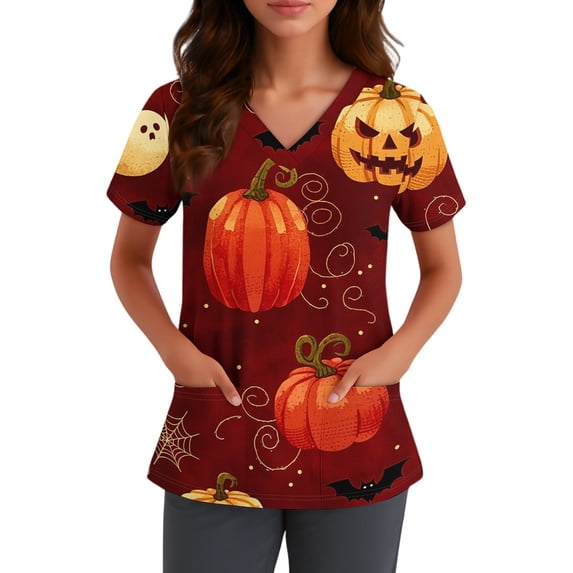 Womens Halloween Print Scrub Tops V Neck Short Sleeve Comfort Nurse Uniform Shirts