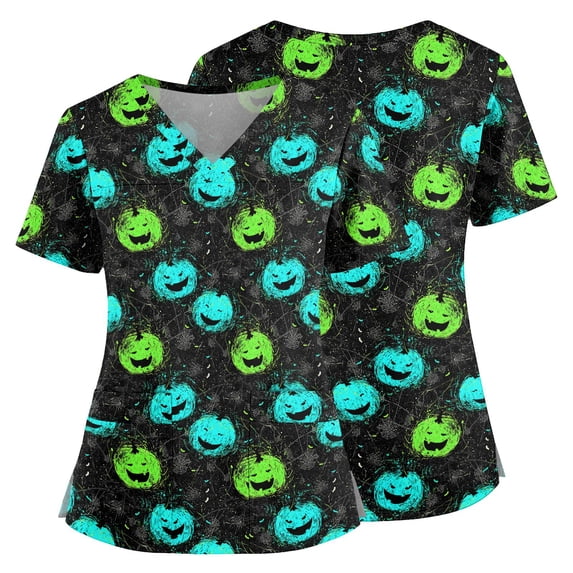 Womens Halloween Workwear Top V Neck Short Sleeve Pockets Side Slits Breathable Stretchy All Day Nursing Shirt Blue L