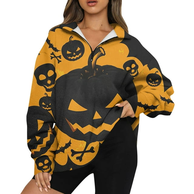 Womens Halloween Zip Up Sweatshirt Pumpkin Bats Print Y2K Oversized