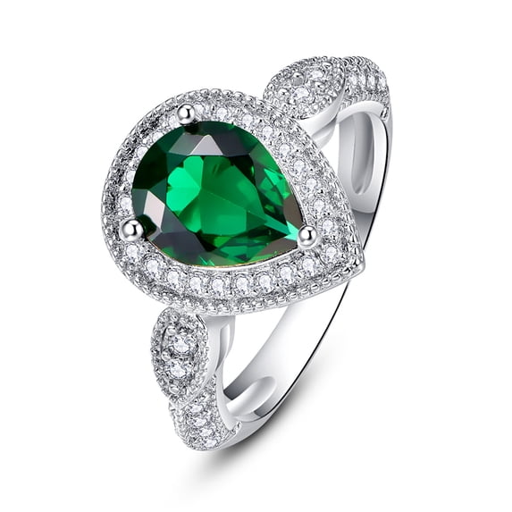 Womens Halo Engagement Rings With 925 Sterling Silver Pear Cut Created Emerald May Birthstone Cubic Zirconia CZ