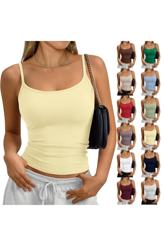 Womens Halter Backless Double Lined Tank Top Going Out Y2k Trendy Camisole Crop Tops Yellow M