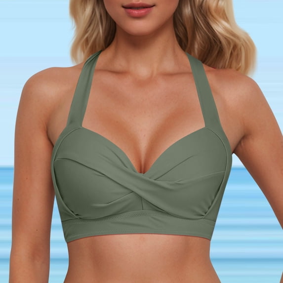 Womens Halter Bikini Tops Lace Up Swimwear Tops Underwire Full Coverage Bikini Top Push Up Swim Crop Top Tie Back Bathing Suit Tops Swimsuit Padded L