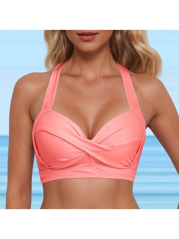 Womens Halter Bikini Tops Lace Up Swimwear Tops Underwire Full Coverage Bikini Top Push Up Swim Crop Top Tie Back Bathing Suit Tops Swimsuit Padded M