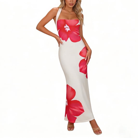 Womens Halter Bodycon Dresses Beach Vacation Floral Fishtail Dress Party Prom Open Back Gown Red, M