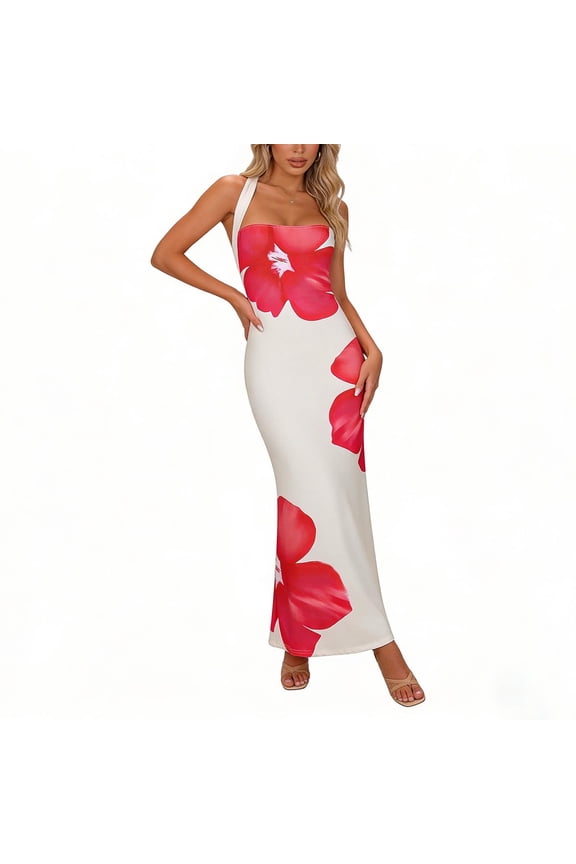 Womens Halter Bodycon Dresses Beach Vacation Floral Fishtail Dress Party Prom Open Back Gown Red, S