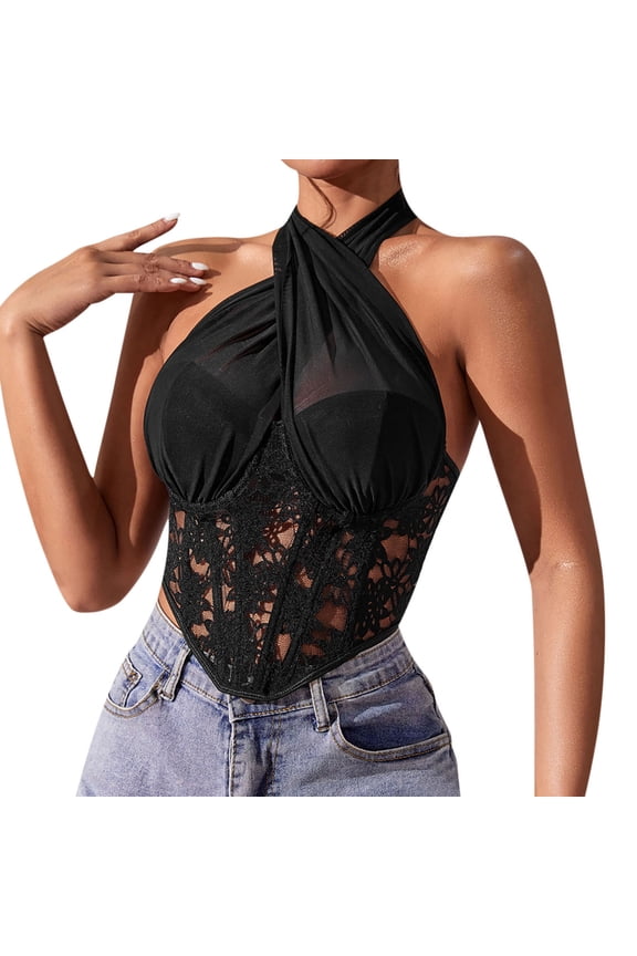Womens Halter Corset Tops Floral Lace Boned Crop Corsets Bustier Sexy Sheer Going Out Y2k Tops Shapewear Black, L